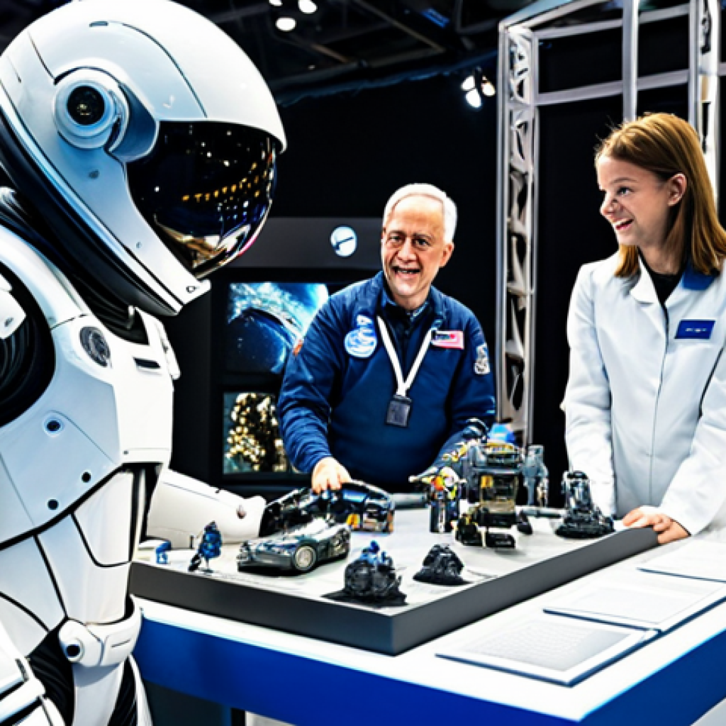 **
"A bustling space exploration fair, showcasing interactive exhibits, futuristic spacesuits, and robots, fully clothed attendees interacting with displays, safe for work, appropriate content, family-friendly, perfect anatomy, natural proportions, high quality photography."
**
