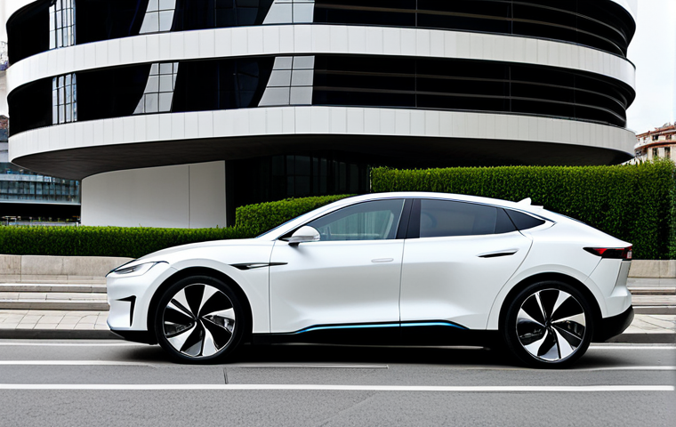 모터쇼 주요 출품 차량 - Electric Vehicle Design**

"A sleek, modern electric car parked in front of the Guggenheim Museum Bi...