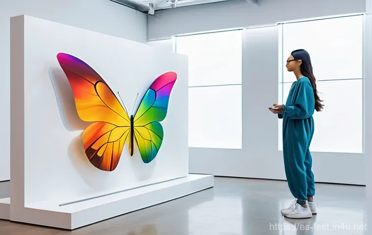 AR VR 체험 페스티벌 - **Immersive Art Gallery Experience:** A brightly lit, minimalist futuristic art gallery. A young adu...