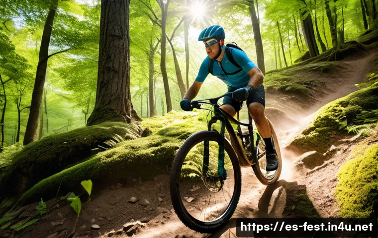사이클링 축제 코스 - A determined mountain biker, wearing a helmet, cycling jersey, padded shorts, and gloves, is steadil...