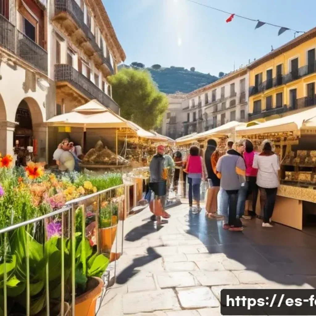 곤충 페스티벌 탐방기 - A vibrant outdoor insect festival scene in Spain during spring, with families and children wearing c...