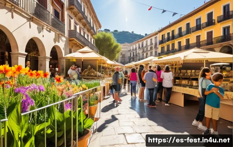 곤충 페스티벌 탐방기 - A vibrant outdoor insect festival scene in Spain during spring, with families and children wearing c...