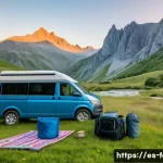 차박 성지 명소 - A serene mountain car camping scene at dawn in the Picos de Europa National Park, Spain, featuring a...