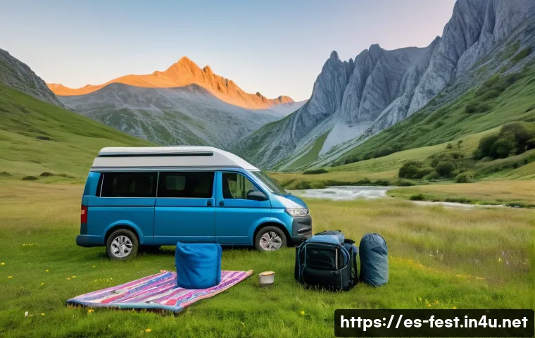 차박 성지 명소 - A serene mountain car camping scene at dawn in the Picos de Europa National Park, Spain, featuring a...