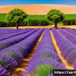 라벤더 농장 방문기 - A sprawling lavender farm in southern Spain during peak bloom, with rows of Lavandula angustifolia d...