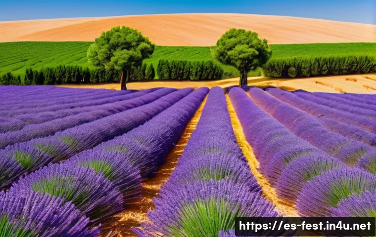 라벤더 농장 방문기 - A sprawling lavender farm in southern Spain during peak bloom, with rows of Lavandula angustifolia d...