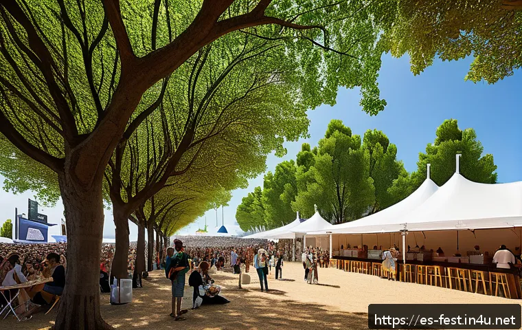 환경 보호 페스티벌 - A vibrant outdoor music festival in Spain powered by renewable energy, featuring large solar panels ...