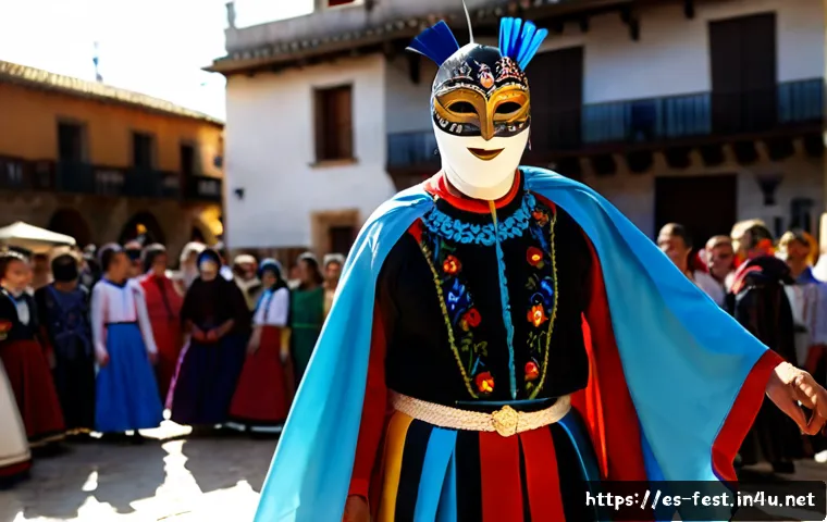 전통 탈춤 축제 정보 - Photorealistic traditional masked dance festival in a sunlit Spanish village plaza, adult performers...